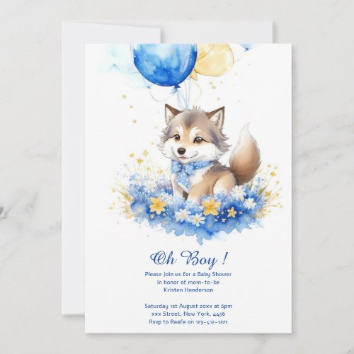 Watercolor Gray Wolf Pup Baby Shower Invitation
