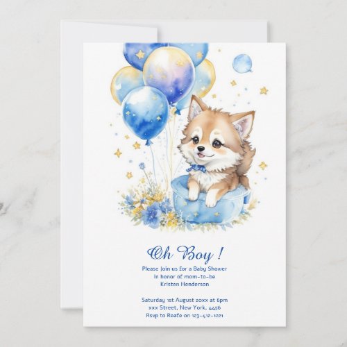 Watercolor Gray Wolf Pup Baby Shower Invitation