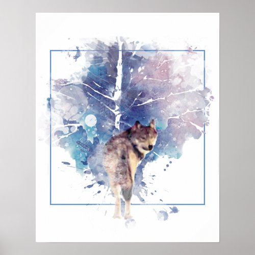 Watercolor Gray Wolf Wildlife Animal Nature Art Poster