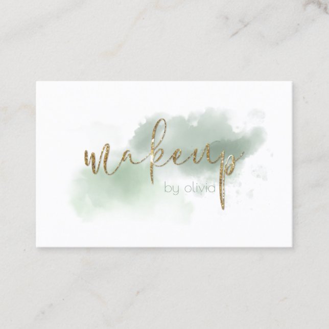 Watercolor Grayed Jade  and Gold Makeup Business Card (Front)