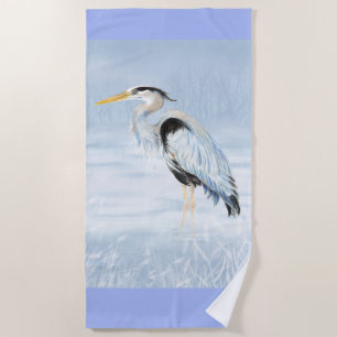 Watercolor Great Blue Heron Bird Nature Wildlife Beach Towel