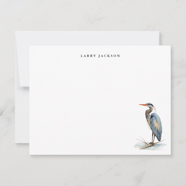 Watercolor Great Blue Heron Bird Personalized Flat Note Card (Front)