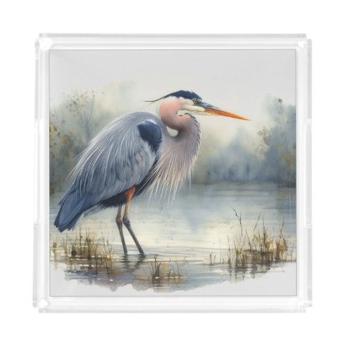 Watercolor Great Blue Heron Bird Wildlife Nature  Acrylic Tray