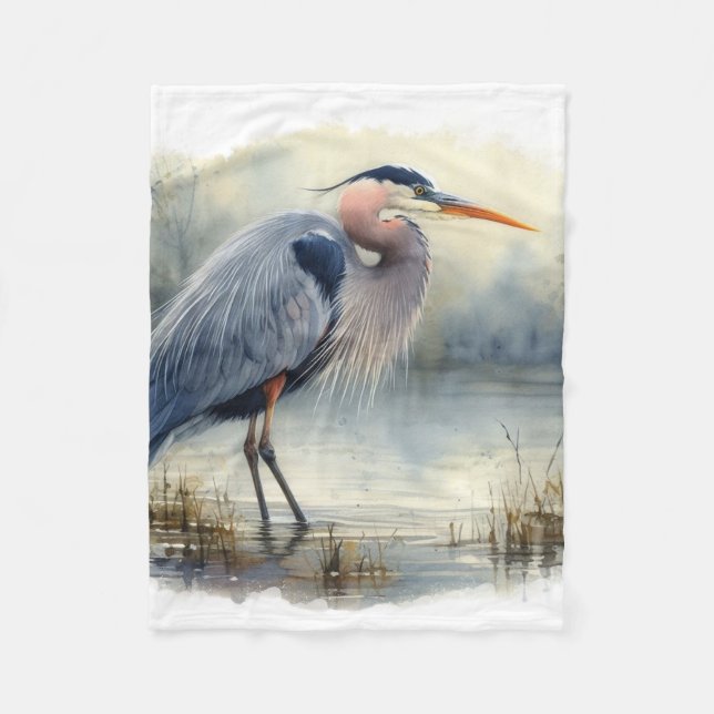 Watercolor Great Blue Heron Bird Wildlife Nature  Fleece Blanket (Front)