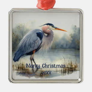 Watercolor Great Blue Heron Bird Wildlife Nature  Metal Ornament