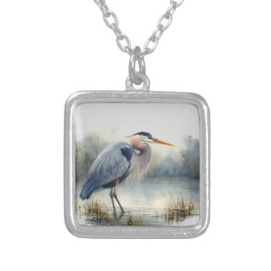 Watercolor Great Blue Heron Bird Wildlife Nature Silver Plated Necklace