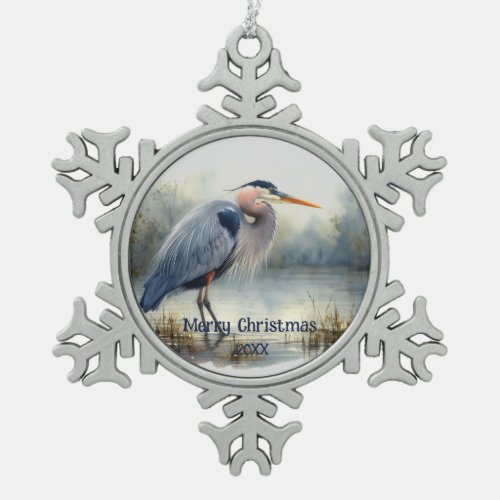 Watercolor Great Blue Heron Bird Wildlife Nature  Snowflake Pewter Christmas Ornament