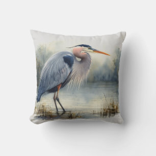 Watercolor Great Blue Heron Bird Wildlife Nature  Throw Pillow