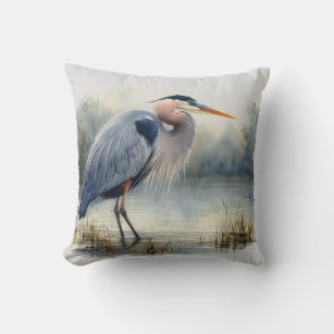 Watercolor Great Blue Heron Bird Wildlife Nature  Throw Pillow