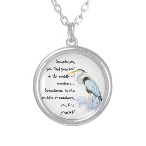 Watercolor Great Blue Heron Inspirational Quote Silver Plated Necklace