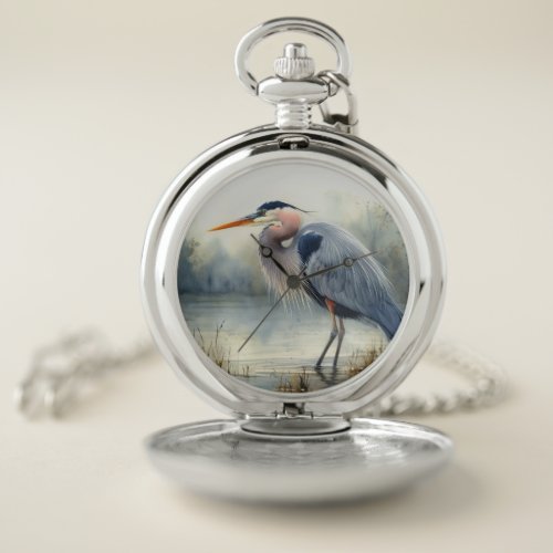 Watercolor Great Blue Heron Water Bird Wildlife  Pocket Watch