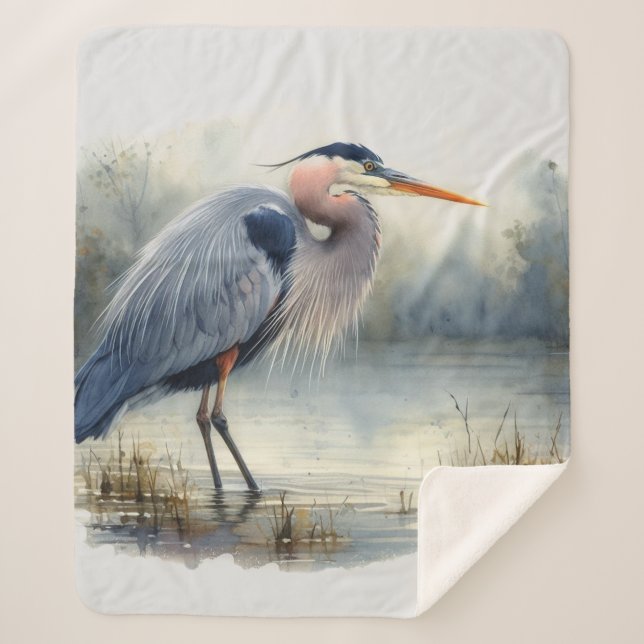 Watercolor Great Blue Heron Water Bird Wildlife  Sherpa Blanket (Front)