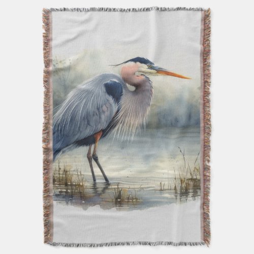Watercolor Great Blue Heron Water Bird Wildlife  Throw Blanket