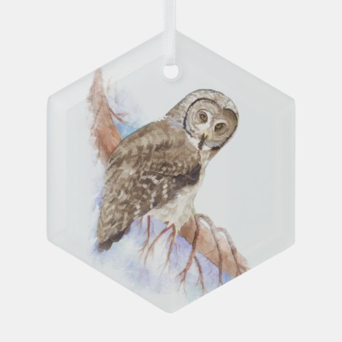 Watercolor Great Gray Grey Owl Bird Wildlife Art Glass Ornament