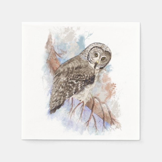 Watercolor Great Gray Owl Bird Nature Art Paper Napkins (Front)