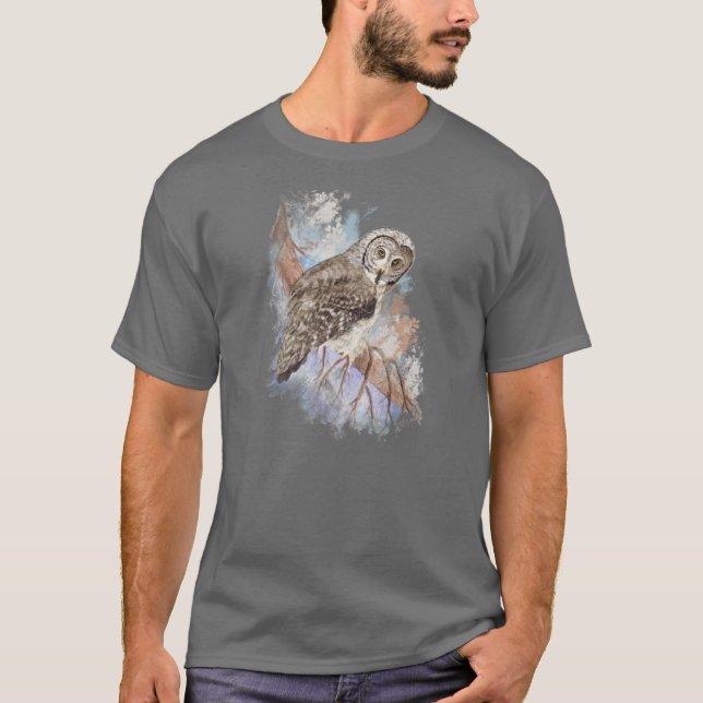 Watercolor Great Gray Owl Bird Nature Art T-Shirt (Front)