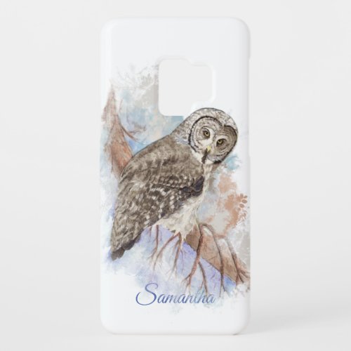 Watercolor Great Grey Owl Bird with Custom Name Case_Mate Samsung Galaxy S9 Case