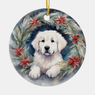 Watercolor Great Pyrenees Pup in Xmas Wreath Ceramic Ornament