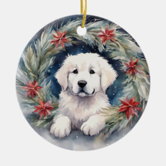Watercolor Great Pyrenees Pup in Xmas Wreath Ceramic Ornament