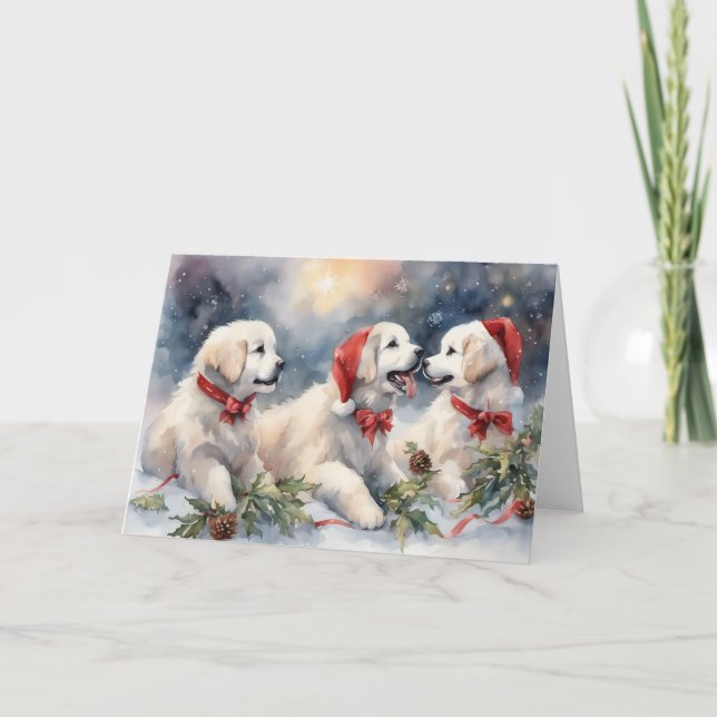 Watercolor Great Pyrenees Puppies 3 Xmas Scene Card (Front)