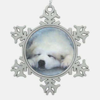 Watercolor Great Pyrenees Sleeping Pup Snowflake Pewter Christmas Ornament