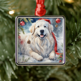 Watercolor Great Pyrenees Winter Xmas Scene 2 Metal Ornament