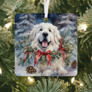 Watercolor Great Pyrenees Xmas Scene Metal Ornament