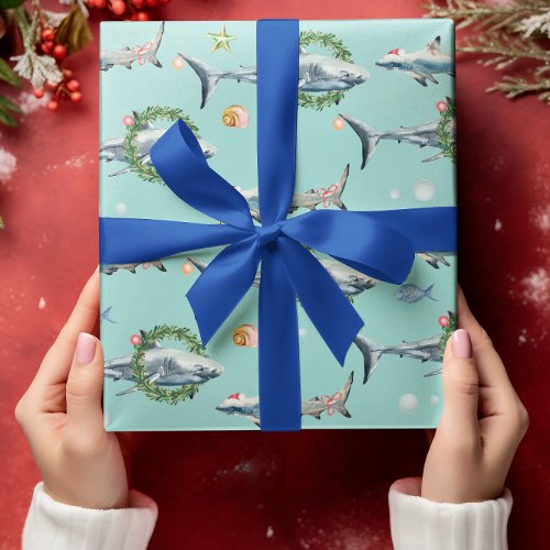 Watercolor Great White Shark Reef Christmas Wrapping Paper