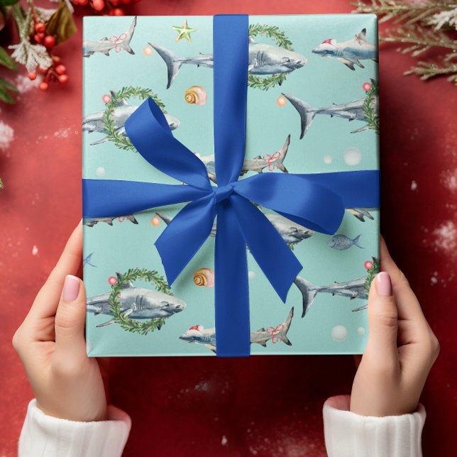 Watercolor Great White Shark Reef Christmas Wrapping Paper (Creator Uploaded)