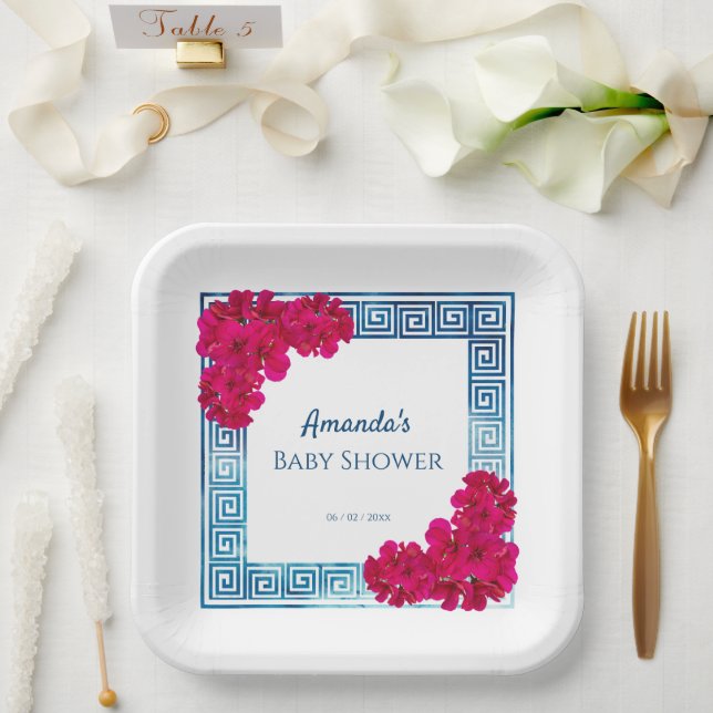 Watercolor Grecian Elegance + Pink Baby Shower Paper Plates (Wedding)