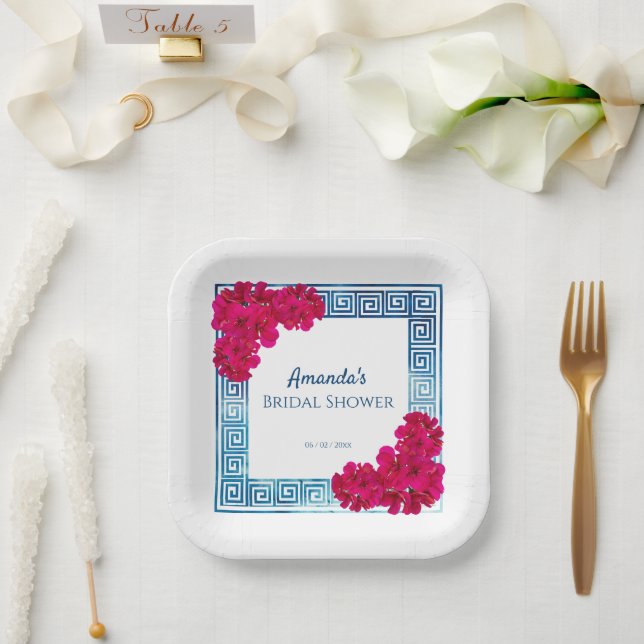 Watercolor Grecian Elegance + Pink Bridal Shower Paper Plates (Wedding)