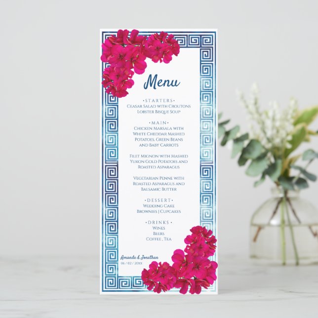 Watercolor Grecian Elegance + Pink Flowers Menu (Standing Front)