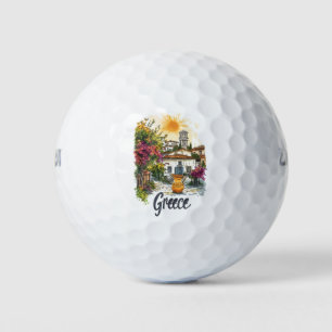 Watercolor Greece: Village Scene with Flowers Golf Balls