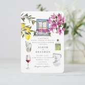 Watercolor Olive Blue tile Greece Wedding Invitation