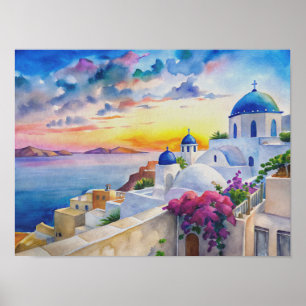 Watercolor Greek Island Landscape Art of Santorini Poster