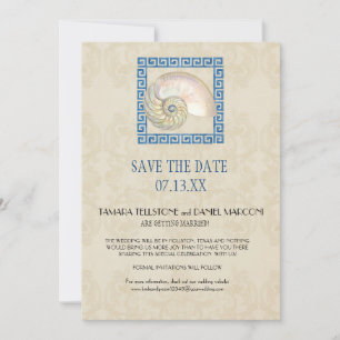 Watercolor Greek Key Pattern Beach Cottage Wedding Invitation