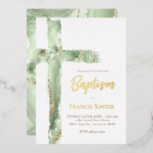 watercolor green agate cross Baptism Foil Invitation