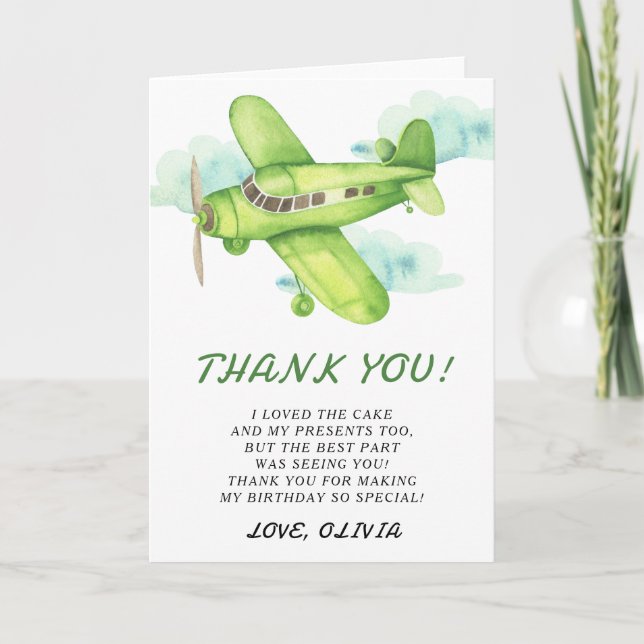 Watercolor Green Airplane Birthday thank you Card (Front)