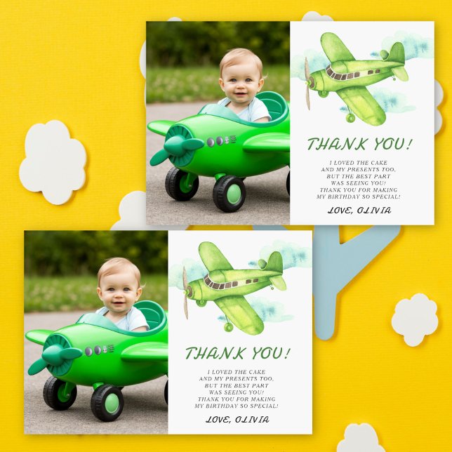 Watercolor Green Airplane Birthday thank you Card (Creator Uploaded)