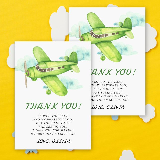 Watercolor Green Airplane Birthday thank you Card (Creator Uploaded)