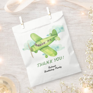 Watercolor Green Airplane Birthday thank you Favor Bag