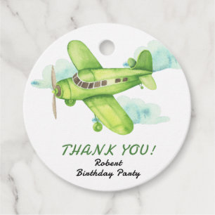 Watercolor Green Airplane Birthday thank you Favor Tags