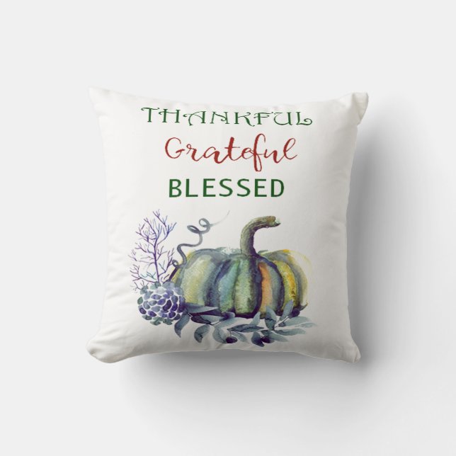 Watercolor Green and Blue Pumpkin Throw Pillow (Front)
