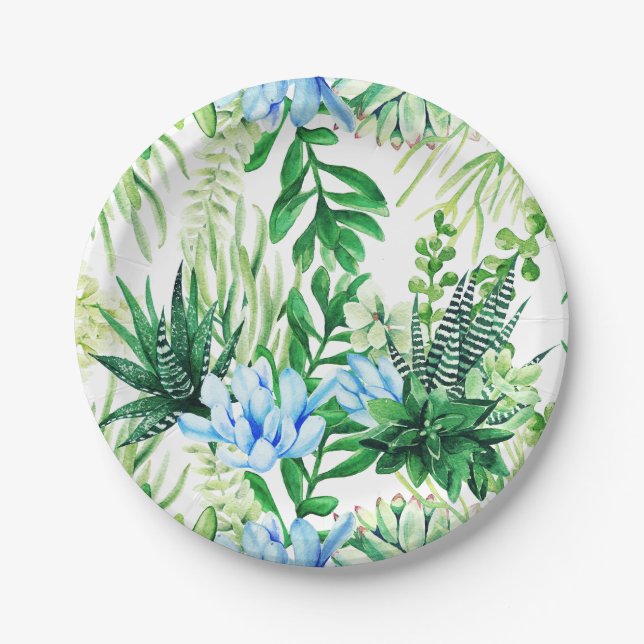 Watercolor Green and Blue Succulent Plants, Leaves Paper Plates (Front)