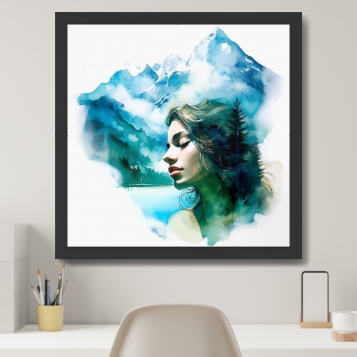 Watercolor green and blue woman double exposure framed art