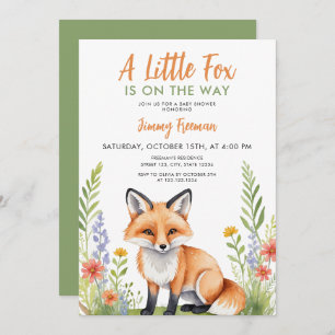 Watercolor Green and Brown Cute Fox Baby Shower Invitation