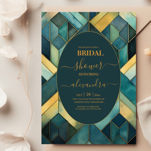 Watercolor Green and Gold Art Deco Bridal Shower  Invitation