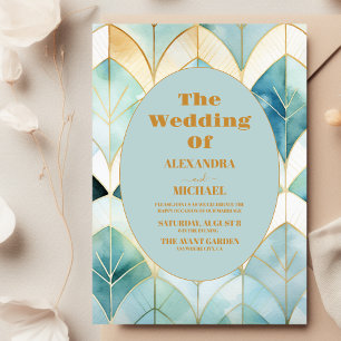 Watercolor Green and Gold Art Deco Wedding Invitation