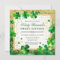 Watercolor Green and Gold Shamrock Sweet Sixteen