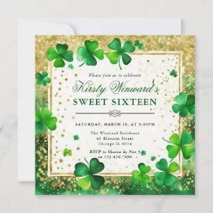 Watercolor Green and Gold Shamrock Sweet Sixteen Invitation